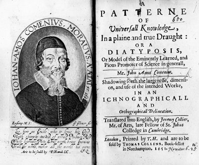 Tittelblad og frontispice til A Patterne of Universall Knowledge, inkludert et portrett av Jan Amos Komensky, gravert av George Glover, 1651 av Czech School