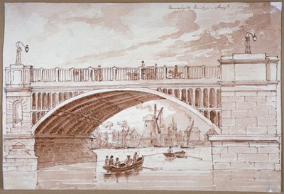 Utsikt over en liten båt som passerer under Vauxhall Bridge, London, 1820. av DHC