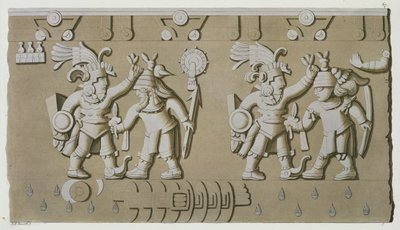 Basrelieff av gamle aztekiske krigere, fra The Stone of Tizoc til minne om en hersker som holder fangene sine ved hodet av D.K. Bonatti