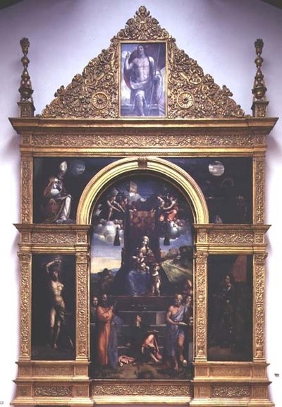 Jomfru og barn tronet med hellige (olje) av D. and Garofalo Dossi