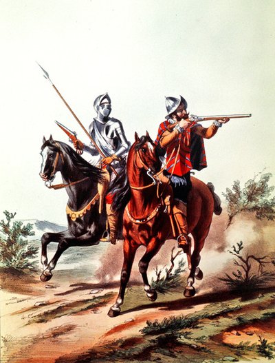 Fransk kavaleri bevæpnet med hjullåspistoler (farge litho) av D. de (after) Noirmort