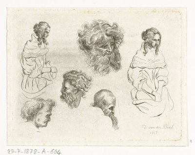 Studieark med hoder og kvinnekropper av D. van den Bosch