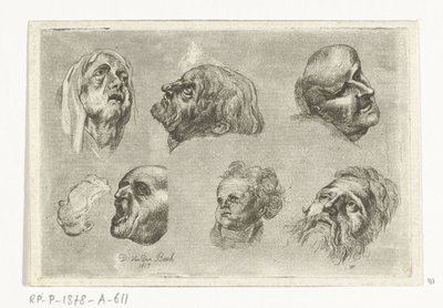 Studieark med syv hoder i to rader av D. van den Bosch