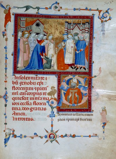 San Zanobi reiser en gutt fra de døde (Codice Edili 107, ca. 367), for et romersk missal av Daddesco Maestro