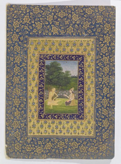 Layla Reading til Majnun, som sitter under et tre ved et lotusbasseng, Delhi, ca. 1720-40 av Dal Chand