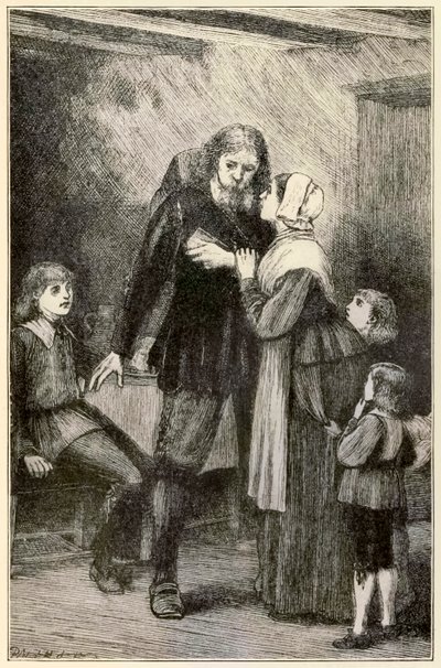 Christian betror seg til sin kone fra The Pilgrims Progress From This World, To That Who Is To Come av John Bunyan (1628-1688) illustrasjon av Thomas Dalziel (1823-1906) Christian med den tunge byrden av Dalziel Brothers