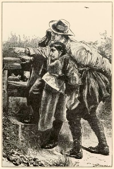 Evangelist viser vei fra The Pilgrims Progress From This World, To That Who Is To Come av John Bunyan (1628-1688) illustrasjon av Thomas Dalziel (1823-1906) Evangelist viser Christian the wa av Dalziel Brothers