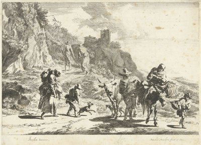 Kvinne på et pakket esel, mann med ku og andre reisende i fjellandskap Southern Landscapes (serietittel) av Dancker Danckerts
