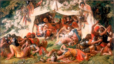 Alfred den saksiske konge, forkledd som en minstrel, i teltet til dansken Guthrum, ca. 1852 (olje på lerret) av Daniel Maclise