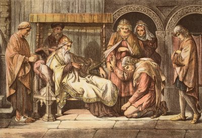 Harold, som vender tilbake fra Normandie, presenterer seg for Edward the Confessor, gravert av JD Cooper (farget gravering) av Daniel Maclise