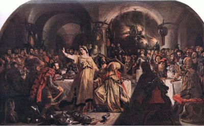 Spøkelset til Banquo (Macbeth) "Prithee, se der! se! se! Lo! Hvordan sier du?", fra The Complete Works of William Shakespeare pub.av J Coker & Co Ltd (farge litho) av Daniel Maclise