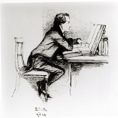 Portrett av Charles Lamb (1775-1834) (penn og blekk på papir) (s/hvitt foto) av Daniel Maclise
