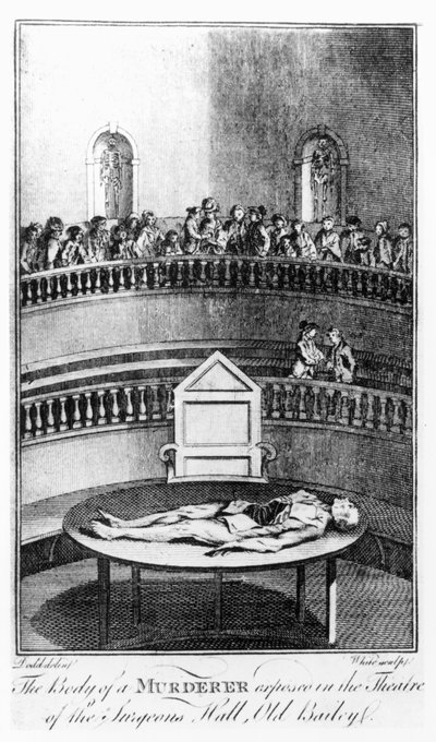 Morderens kropp avslørt i Theatre of the Surgeons#39; Hall, Old Bailey, London, gravert av White (gravering) av Daniel (after) Dodd