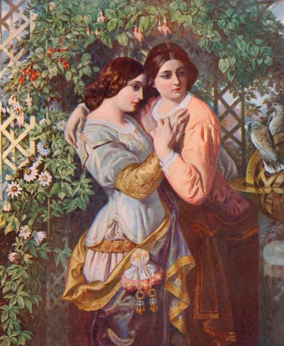 Shakespeare: Celia og Rosalind, As You Like It, Act I, Scene 3 (farge litho) av Daniel (after) Maclise