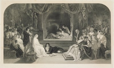 The Play Scene, Act III, Scene II of Hamlet av William Shakespeare, gravert av Charles W. Sharpe (litho) av Daniel (after) Maclise