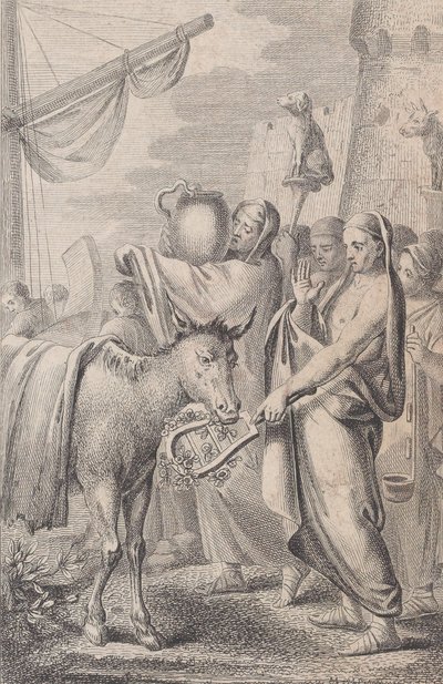 Figurer til høyre nær et skip, noen holder opp dyr over hodet, en hest til venstre, 1783 av Daniel Berger