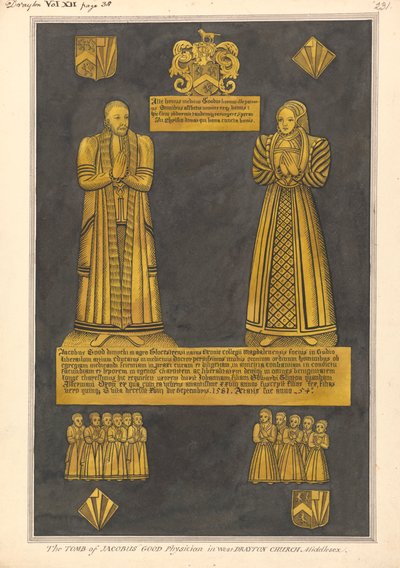 Messingtallerken til Dr. James Goode og hans kone Joan, datter av Edward Clinton, West Drayton Church av Daniel Lysons