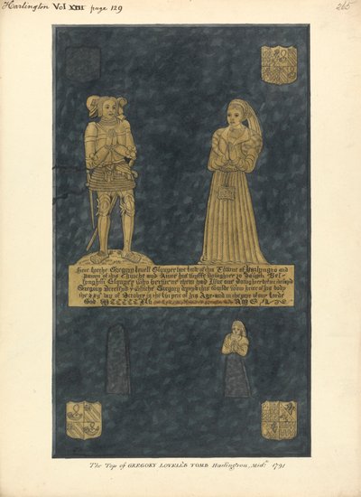 Messingplate for Gregory Lovell og hans kone Anne, datter av David Bellingham, Harlington Church av Daniel Lysons