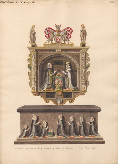 Minnesmerke over Lord og Lady Latimer og graven til barna Ralph, Katherin, Ralph, Dorothye, Jane, Margaret og Anne fra East Ham Church av Daniel Lysons