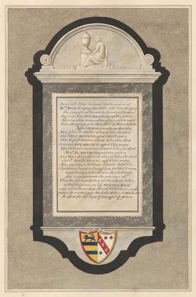 Minnesmerke over Mrs. Mary Gregory, Caroline Gregory, John Gregory, Abigail Gregory, William Gregory, Mary Abigail Gregory, seks barn: Charlotte, Louisa, Georgina, Michael, Emma og George Gregory og Charles John Gregory fra Cranford Church av Daniel Lysons