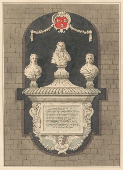 Minnesmerke over Sir John Benett og hans koner Elizabeth og Bridget fra Harlington Church av Daniel Lysons