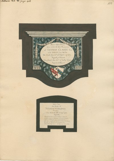 Minnesmerke over Thomas Clarke og kona Sarah og Thomas Worlidge fra Fulham Church av Daniel Lysons