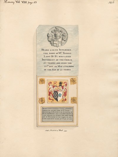 Minnesmerke for Thomas Lant også til Robert Harington fra Hornsey Church av Daniel Lysons