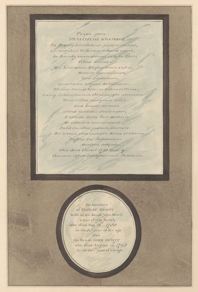 Minnesmerker over Francis Wilkson og John og Eluzay Hewitt fra Feltham Church av Daniel Lysons