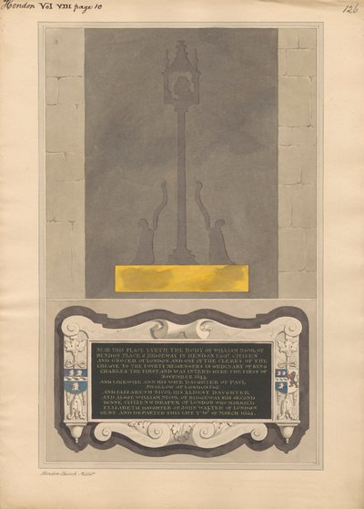 Rester av messingplate og minnesmerke til William Nicol og Ann hans kone og Elizabeth hans datter og William hans sønn av Hendon Church av Daniel Lysons