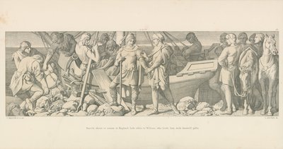 Harold, som er i ferd med å returnere til England, byr adieu til William, som laster ham med avskjedsgaver av Daniel Maclise