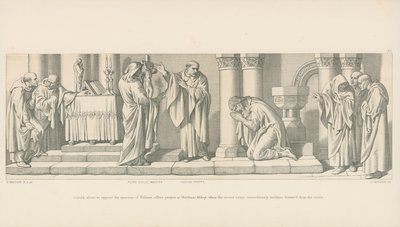 Harold, som er i ferd med å motsette seg invasjonen av William, ber bønn i Waltham Abbey, når det hellige bildet mirakuløst bøyer seg fremover fra korset av Daniel Maclise