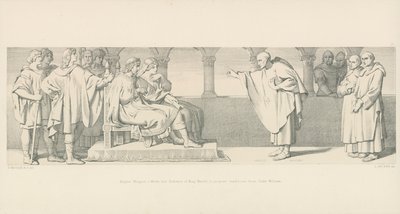 Hugues Maigrot, en munk, har publikum til kong Harold, for å foreslå betingelser fra hertug William av Daniel Maclise