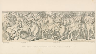 Slagets morgen. Den normanniske sjefen Taillefer, leder hertug Williams varebil, synger sangen om Roland og sjonglerer med sverdet sitt av Daniel Maclise