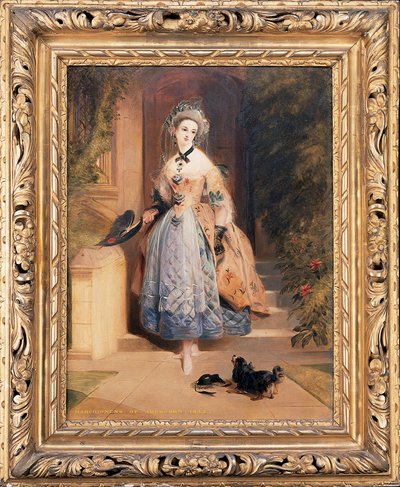 Portrett av Louisa Jane, Marchioness of Abercorn, liten i full lengde, i en forseggjort brodert gul og blå kjole, ved inngangen til et hus, med en spaniel, 1832 av Daniel Maclise