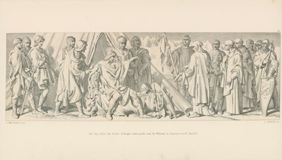 Dagen før slaget. En ridder, med munker, sendt av William for å forhandle med Harold av Daniel Maclise