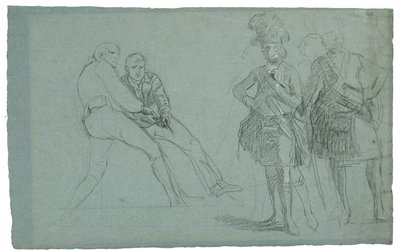 Studie for The Siege of Gibraltar (Studie av oberstløytnant Lindsay og figurer som trekker på et tau), ca. 1786-1787 (grafslips og svart og hvitt kritt på gråblått papir) av Daniel Mytens