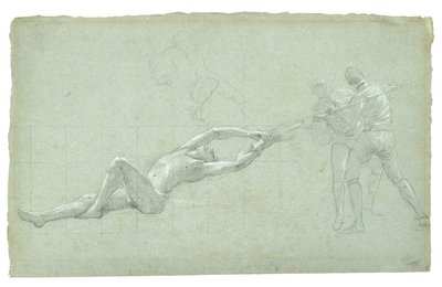Studie for The Siege of Gibraltar (Studium of Rescued Figure and Two Figures Pulling on an Oar), 1785-1786 (svart og hvitt kritt på grågrønt papir) av Daniel Mytens