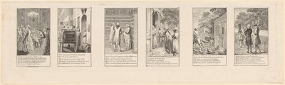 6 av 12 blad med moralsk og satirisk innhold, del 1 av Daniel Nikolaus Chodowiecki