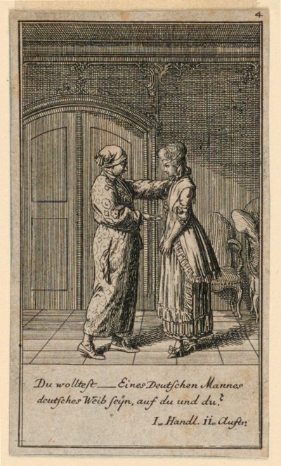 En far eller verge snakker med en jente, illustrasjon av skuespillet "Not more than sachs Schuesseln" av Fredrich Wilhelm Grossman i "Königl: Grosbrit [rian] genealogisk kalender for 1782-året Lauenberg av J.G. Berenberg" av Daniel Nikolaus Chodowiecki