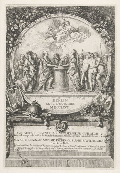 Allegori om ekteskapet til William V og Wilhelmina av Preussen, 1767 Mariage de Son Altesse Serenissime Monsignor Guillaume V. Prince d'Orange & de Nassau (...) med Son Altesse Royale Madame Frederique Sophie Wilhelmine Princesse de Prusse (tittel  av Daniel Nikolaus Chodowiecki