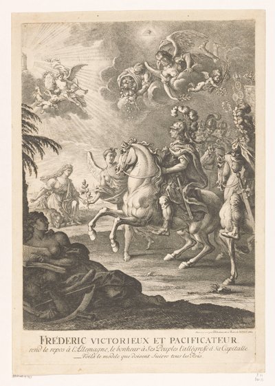 Allegorisk representasjon med Fredrik den store til hest Fréderic victorieux et pacificateur (...) (tittel på objekt) av Daniel Nikolaus Chodowiecki