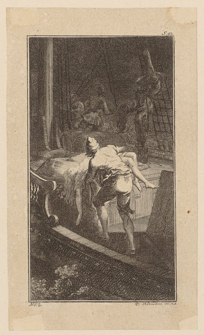 Bunkel bærer Miss Melmoth fra den oversvømte lugaren opp på dekk, blad 2 fra «Johann Bunkels liv, bemerkninger og meninger» av Daniel Nikolaus Chodowiecki