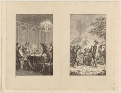Candide hos en skuespillerinne [til venstre]; Candide i Norge [til høyre] av Daniel Nikolaus Chodowiecki