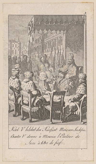 Karl V gir kurfyrst Moritz av Sachsen len, blad 3 fra serien «Eldre, middelalderlig og nyere historie» av Daniel Nikolaus Chodowiecki
