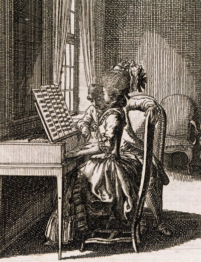 Musikk, kvinne som spiller spinet, av Daniel Nikolaus Chodowiecki (1726-1801), fra Occupations des dames, Tyskland, Polen av Daniel Nikolaus Chodowiecki