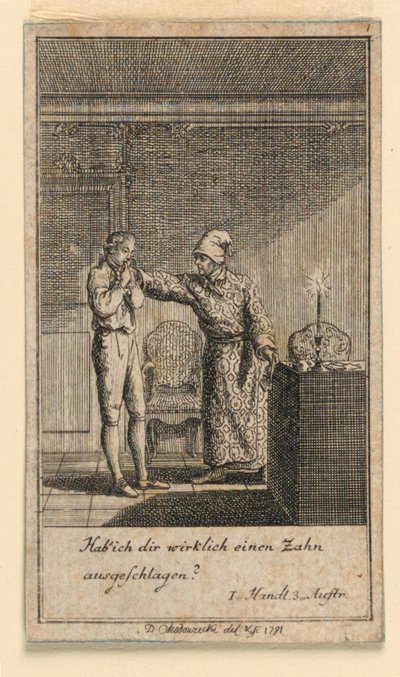 The Slap in the Face, illustrasjon av skuespillet "Not more than sachs Schuesseln" av Fredrich Wilhelm Grossman i "Königl: Grosbrit [anian] genealogical calendar for the 1782 year Lauenberg by J.G. Berenberg" av Daniel Nikolaus Chodowiecki