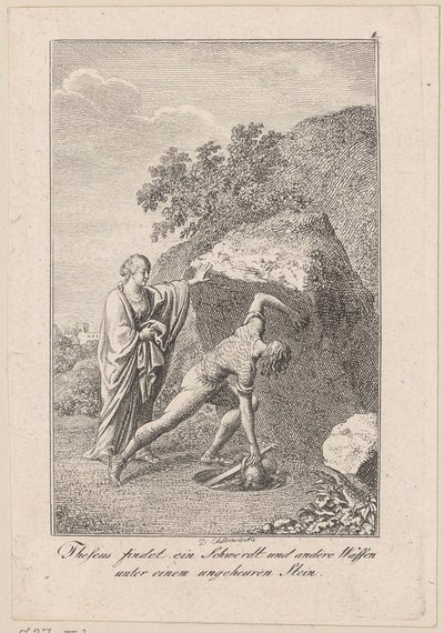 Thesevs finner et sverd og andre våpen under en stein, blad 1 til Beckers "Thesevs" av Daniel Nikolaus Chodowiecki