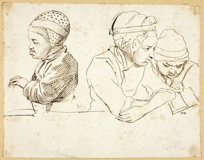 Tre barn (rekto); Skisser av hode, øyne, lepper og blomster (verso) av Daniel Nikolaus Chodowiecki