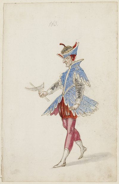 Mannsfigur i blått og rødt kostyme fra Ballet des quatre saisons de lAnnee, 1626 (brunt blekk, wc og metallisk maling over en undertegning av svart kritt på lagt papir) av Daniel Rabel