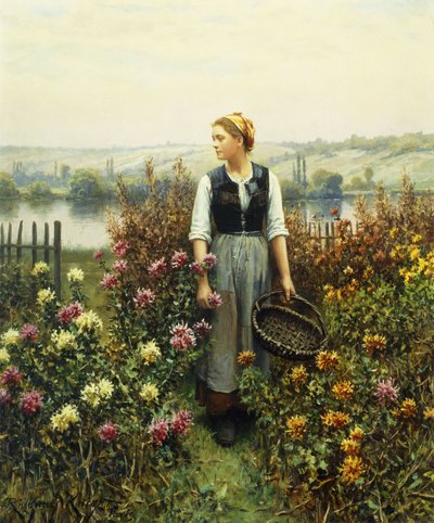 Jente med en kurv i en hage, av Daniel Ridgway Knight